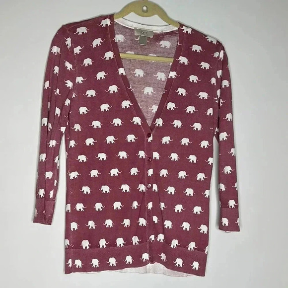 LOFT Outlet Sweater Womens Long Sleeve Button up Elephant Cardigan Red - Picture 1 of 8